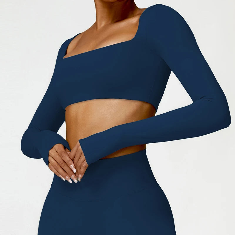 Women Square Neck Long Sleeve Crop Top Quick Dry Yoga Fitness Shirt