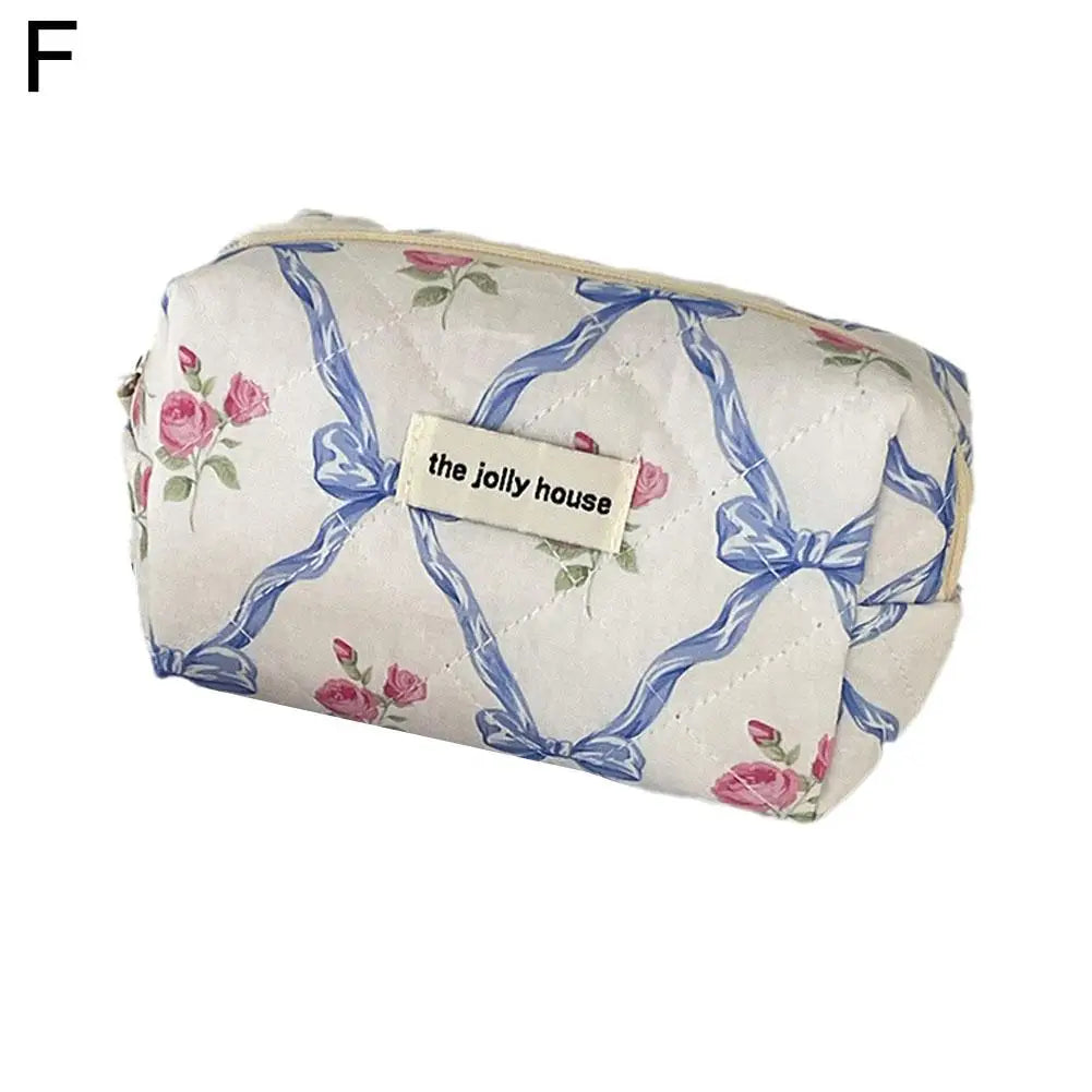 Women Quilted Makeup Bag Cute Bow Flower Zipper Cosmetic Organizer Toiletry Case