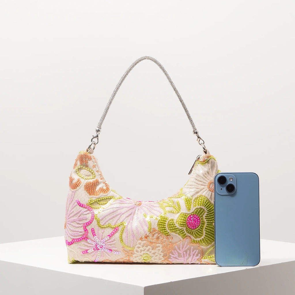 Floral Sequin Shoulder Bag Elegant Party Handbag