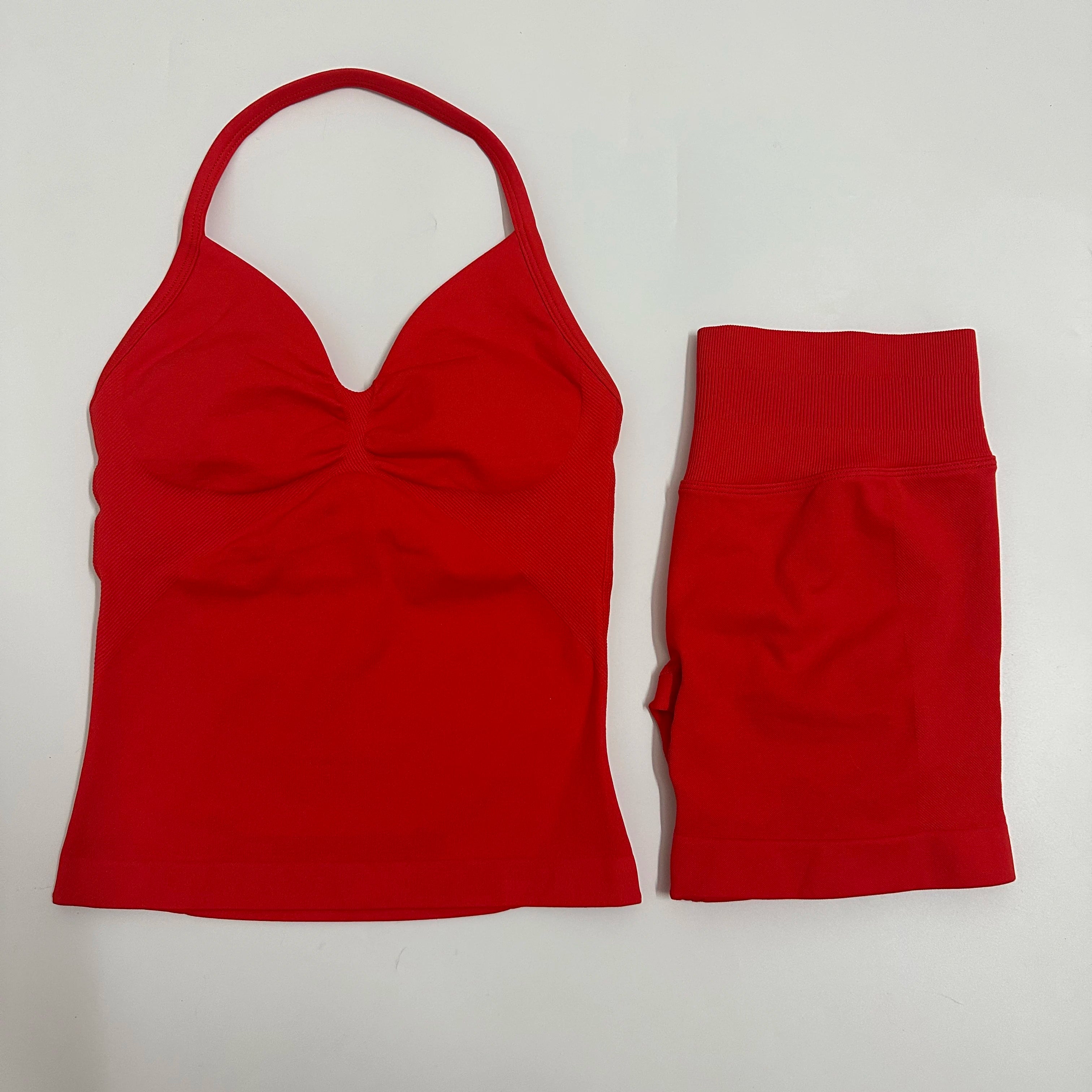 Seamless Yoga Set Women Strappy Tank Top Scrunch Shorts Gym Workout Outfit