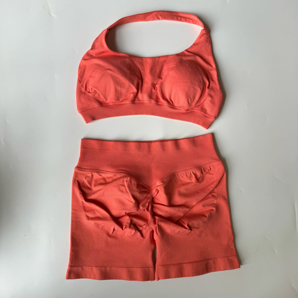 Seamless Yoga Set Halter Sports Bra Scrunch Shorts Gym Workout Fitness Set