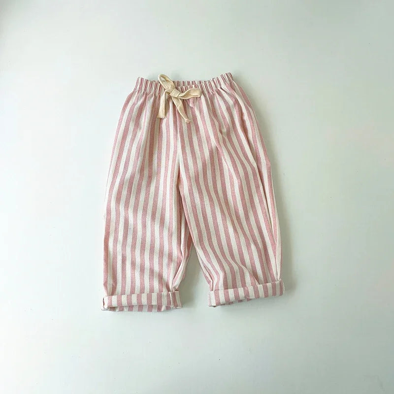 Kids Striped Linen Cotton Pants Vintage Loose Harem Trousers for Boys & Girls