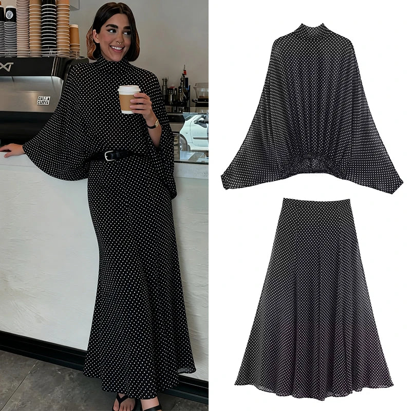 Polka Dot Midi Skirt Set for Women Bow Tie 2 Piece Outfit