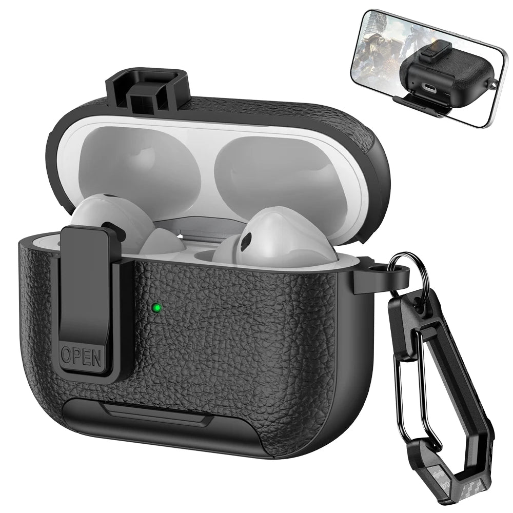 AirPods Pro 3 Case with Lock & Stand Leather Texture Shockproof Protective Cover Keychain Sleeve