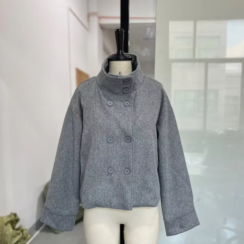 Women Stand Collar Wool Blend Jacket Loose Zip Up Coat