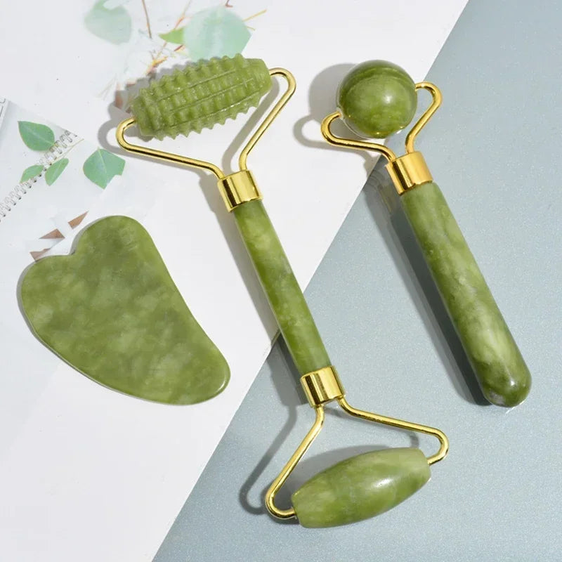 Natural Jade Roller Gua Sha Face Neck Massager Stone Spa Lifting Tool Set