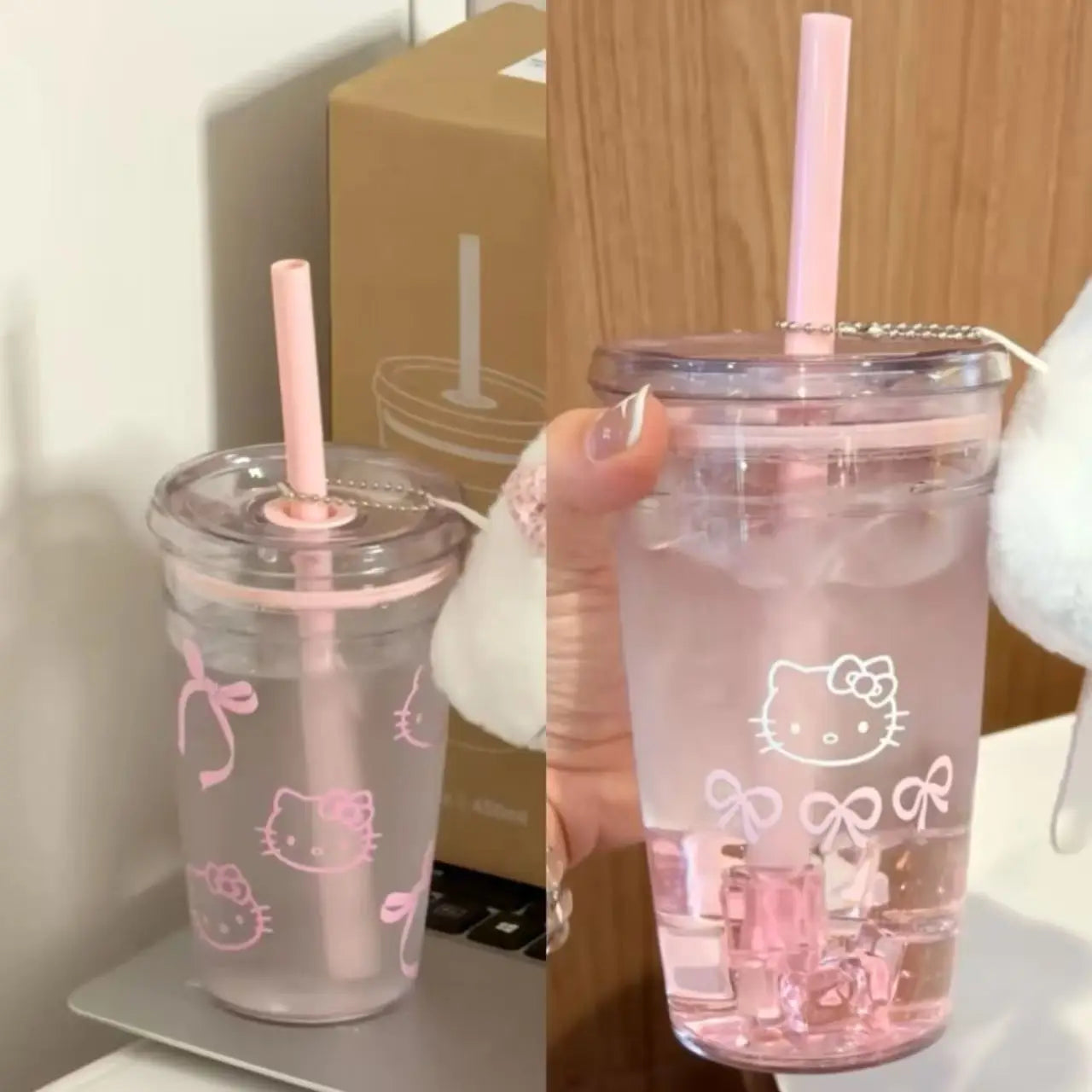 Hello Kitty Pink Straw Cup Large Capacity Transparent Water Bottle