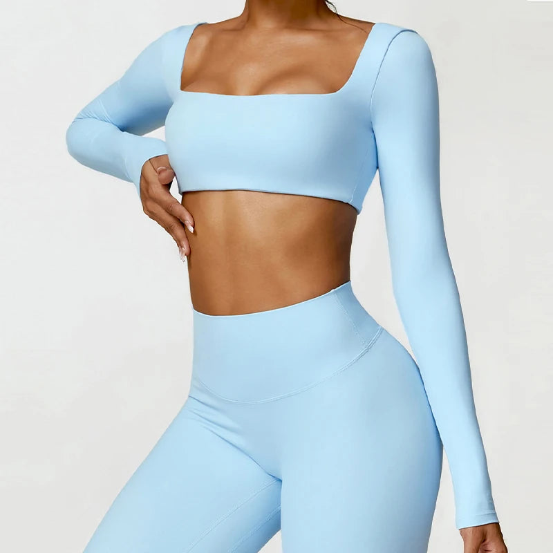 Women Square Neck Long Sleeve Crop Top Quick Dry Yoga Fitness Shirt