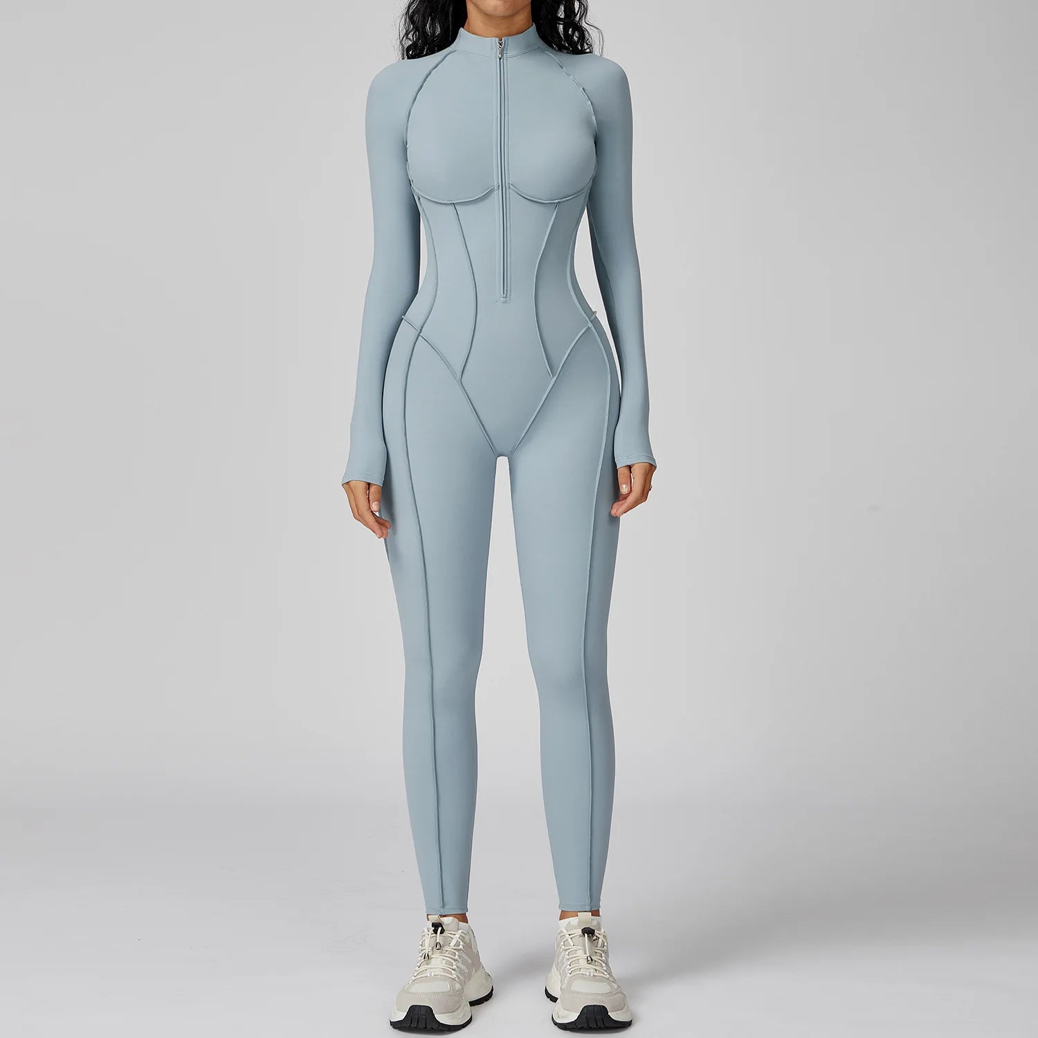 Women Long Sleeve Zip Front Fitness Jumpsuit Body Shaping One Piece Workout Suit