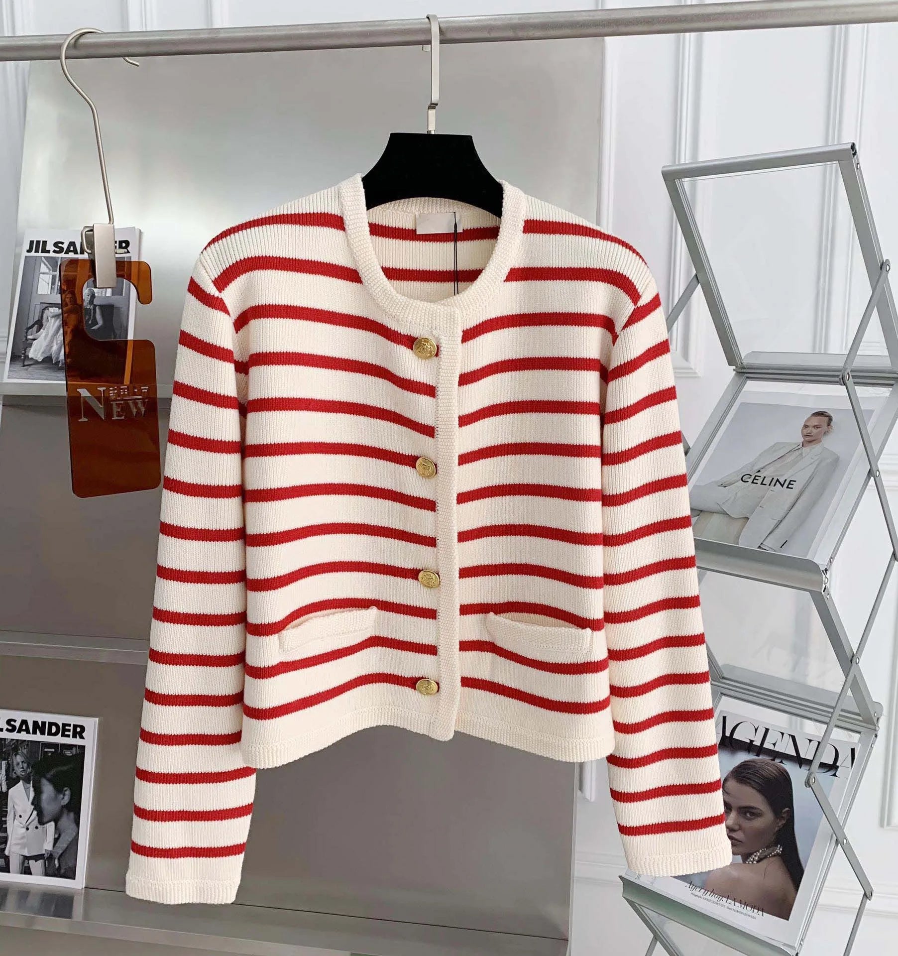 Women Striped Knit Cardigan Crop Top O Neck Long Sleeve Casual Sweater Jacket