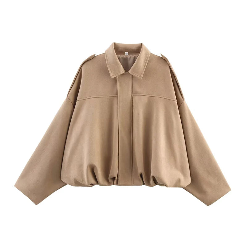 Women Bomber Jacket Vintage Turn Down Collar Loose Fit Coat Chic Outerwear