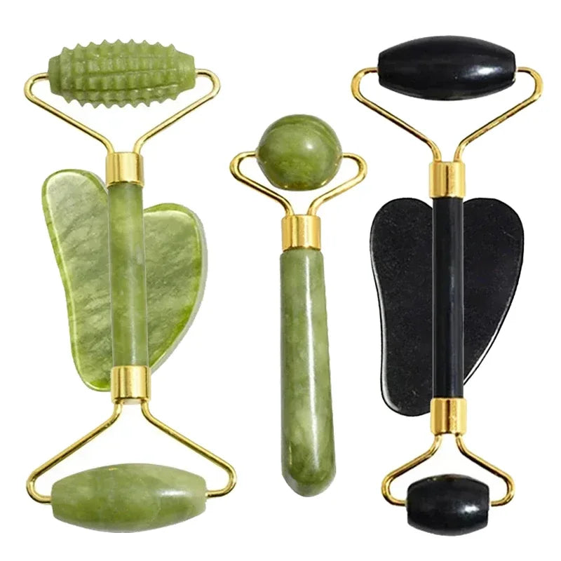 Natural Jade Roller Gua Sha Face Neck Massager Stone Spa Lifting Tool Set