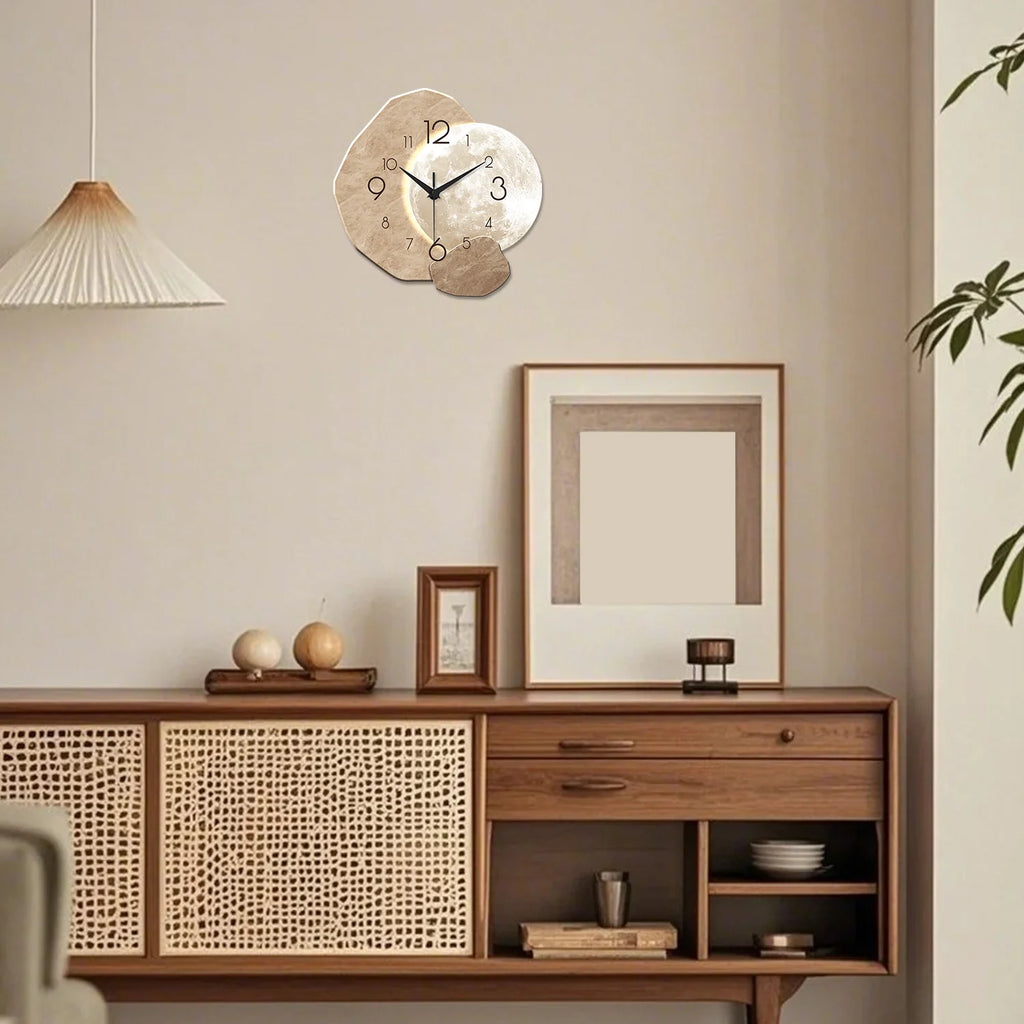 Silent Wooden Wall Clock Moon Design Quartz for Bedroom Living Room Office Decor