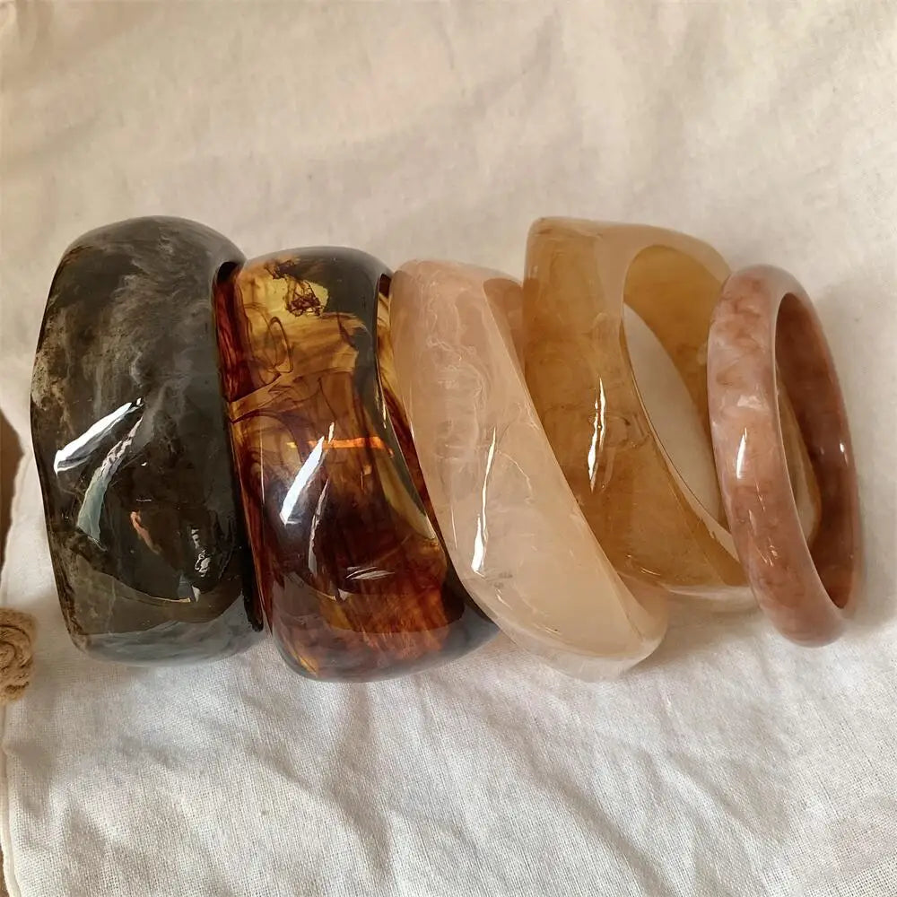 Women Vintage Resin Bangle Bracelet Chunky Geometric Beige Brown Jewelry