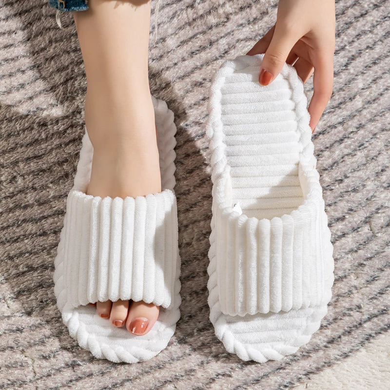 Corduroy Open Toe Slippers Unisex Cozy Indoor Home Slides Soft Anti-Slip Minimalist Shoes