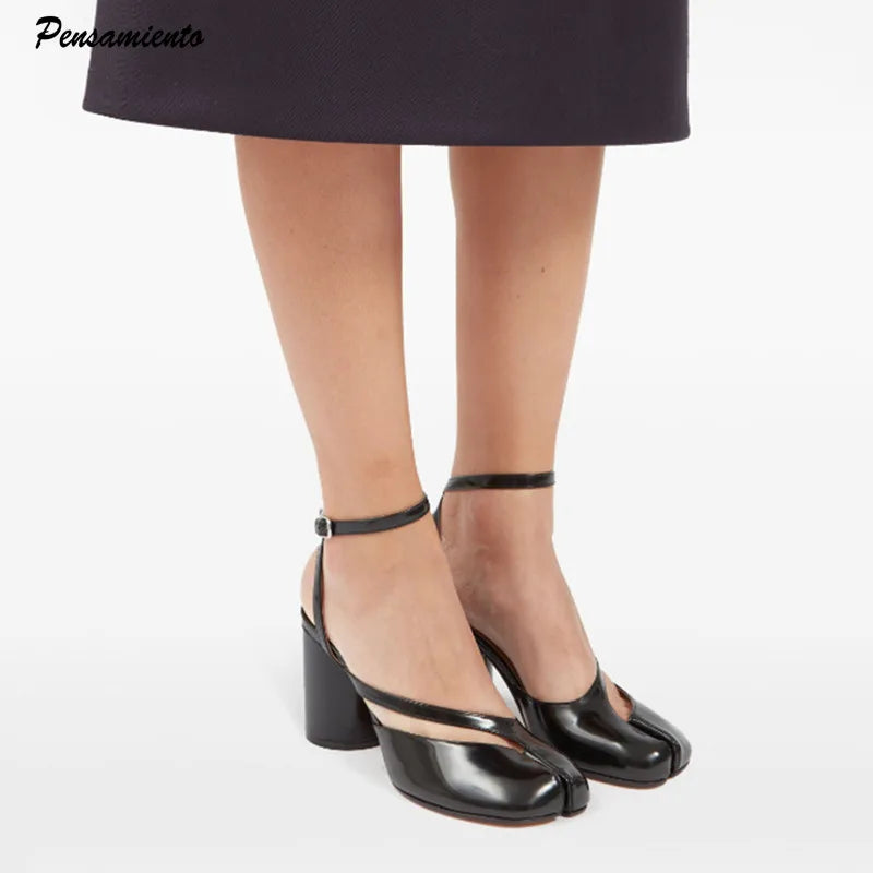 Women Patent Leather Tabi Split Toe Slingback High Heel Pumps Chunky Casual Shoes