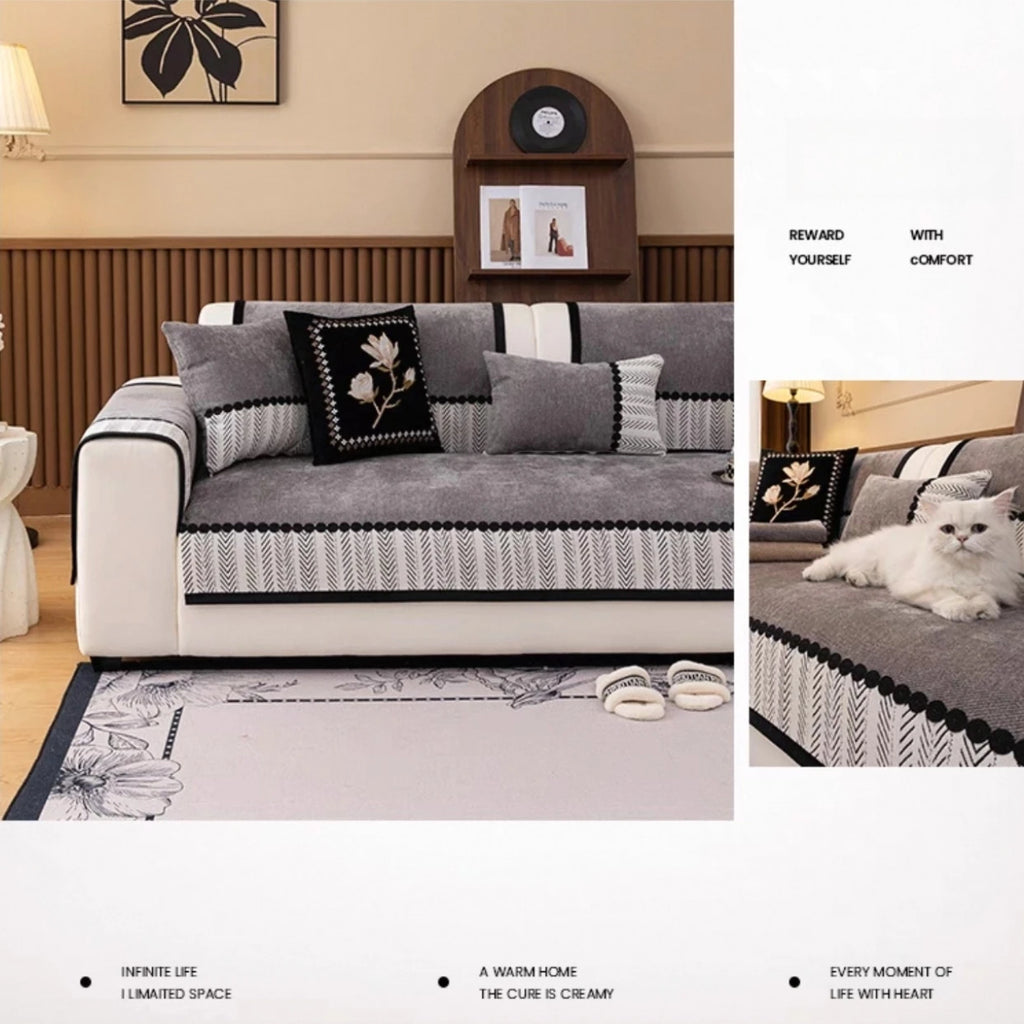 Contrast Hem Chenille Sofa Cover Non Slip Couch Protector for All Seasons