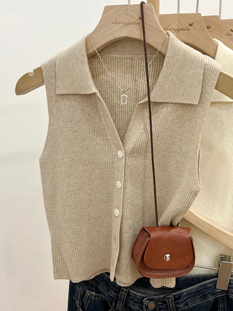 Women Sleeveless Knitted Cardigan Solid Color Vest Sweater