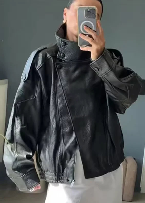 Women Black Faux Leather Jacket Long Sleeve Motorcycle Style Fall Fashion Coat