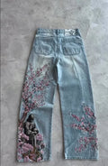 Y2K Cherry Blossom Embroidered Baggy Jeans Vintage Straight Denim Pants