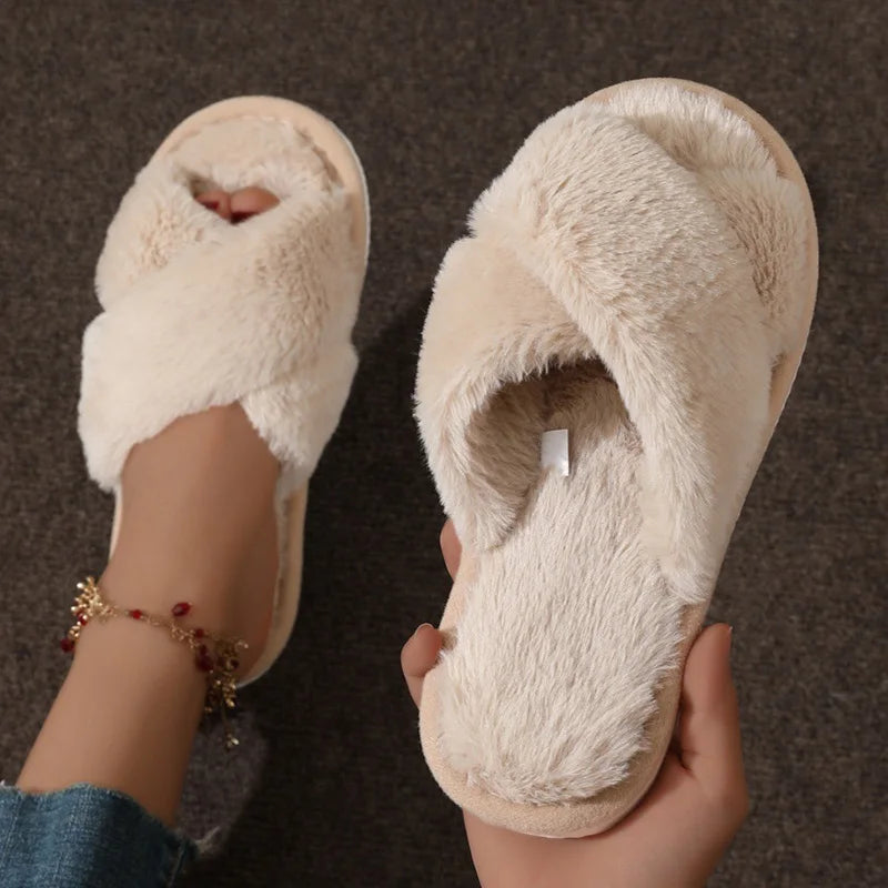 Women Faux Fur Cross Strap Slippers Warm Indoor Slides
