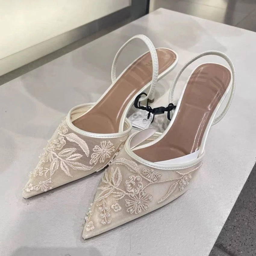 Women White Slingback High Heels Mesh Embroidered Floral Wedding Dress Shoes