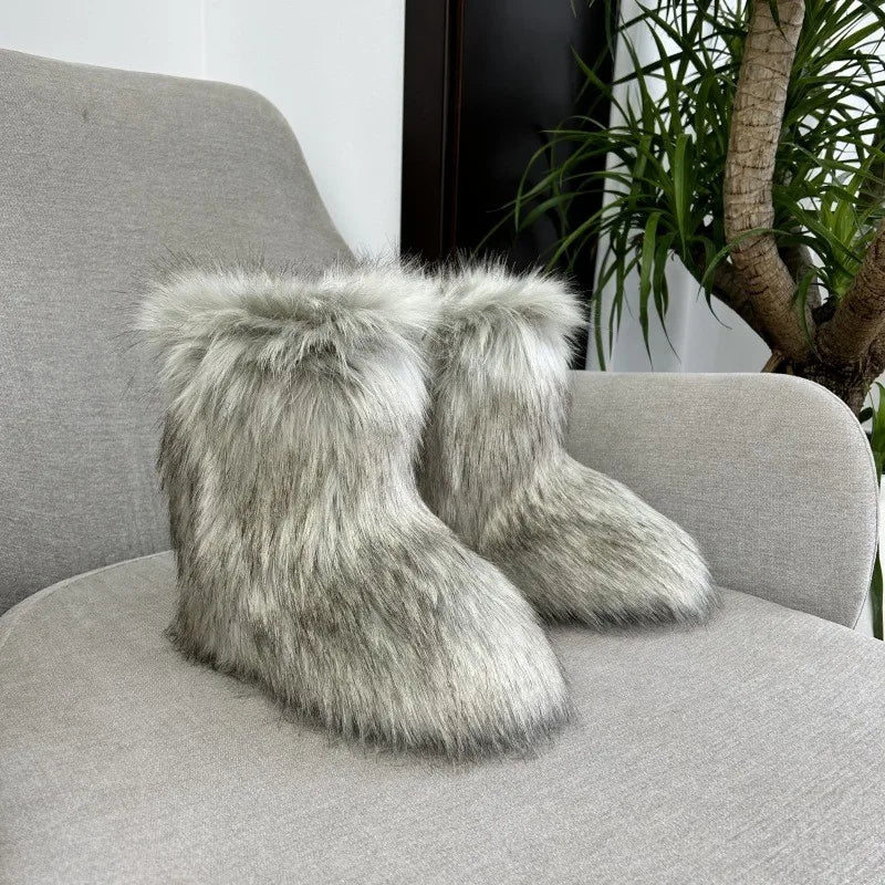 Women Fur Snow Boots Warm Mid Calf Winter Shoes