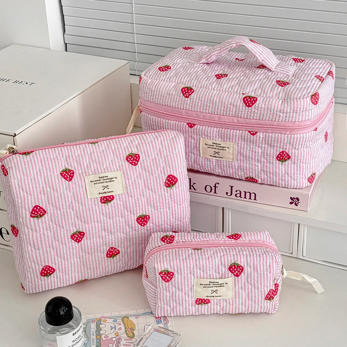 Pink Strawberry Quilted Cosmetic Travel Makeup Storage Bag