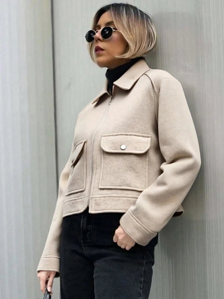 Women Winter Zipper Jacket Long Sleeve Short Coat Elegant Street Outerwear