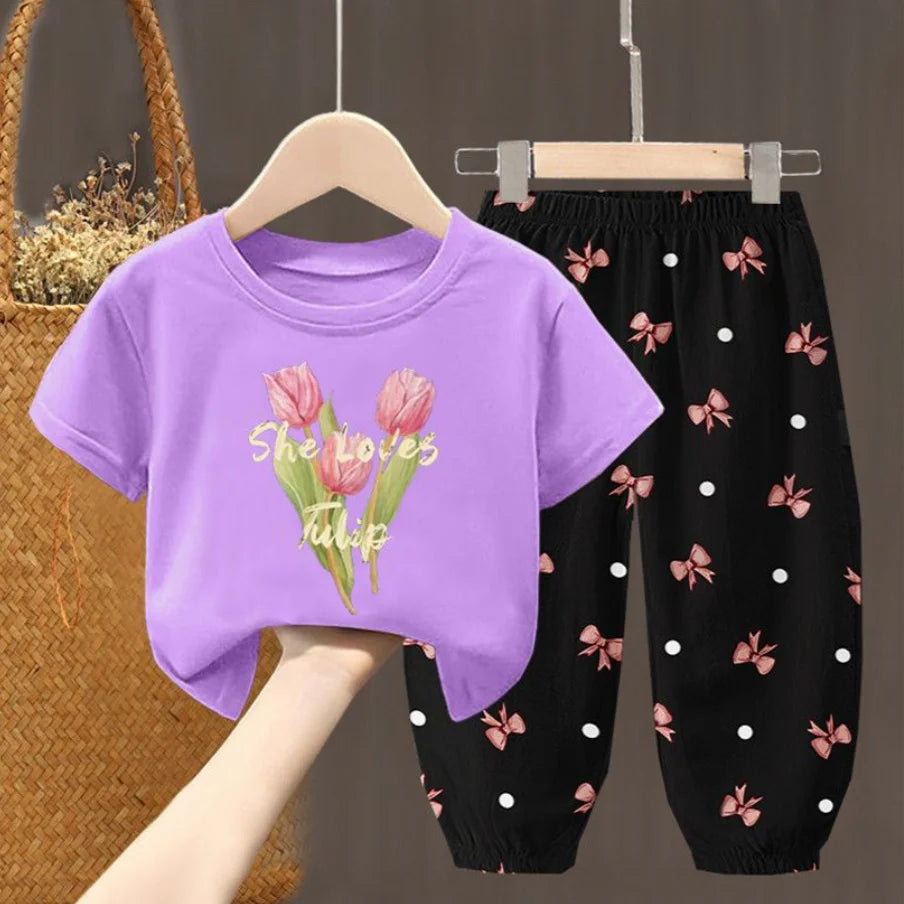 Toddler Girls Summer T-Shirt and Pants Set Cute Kids Two Piece Outfit