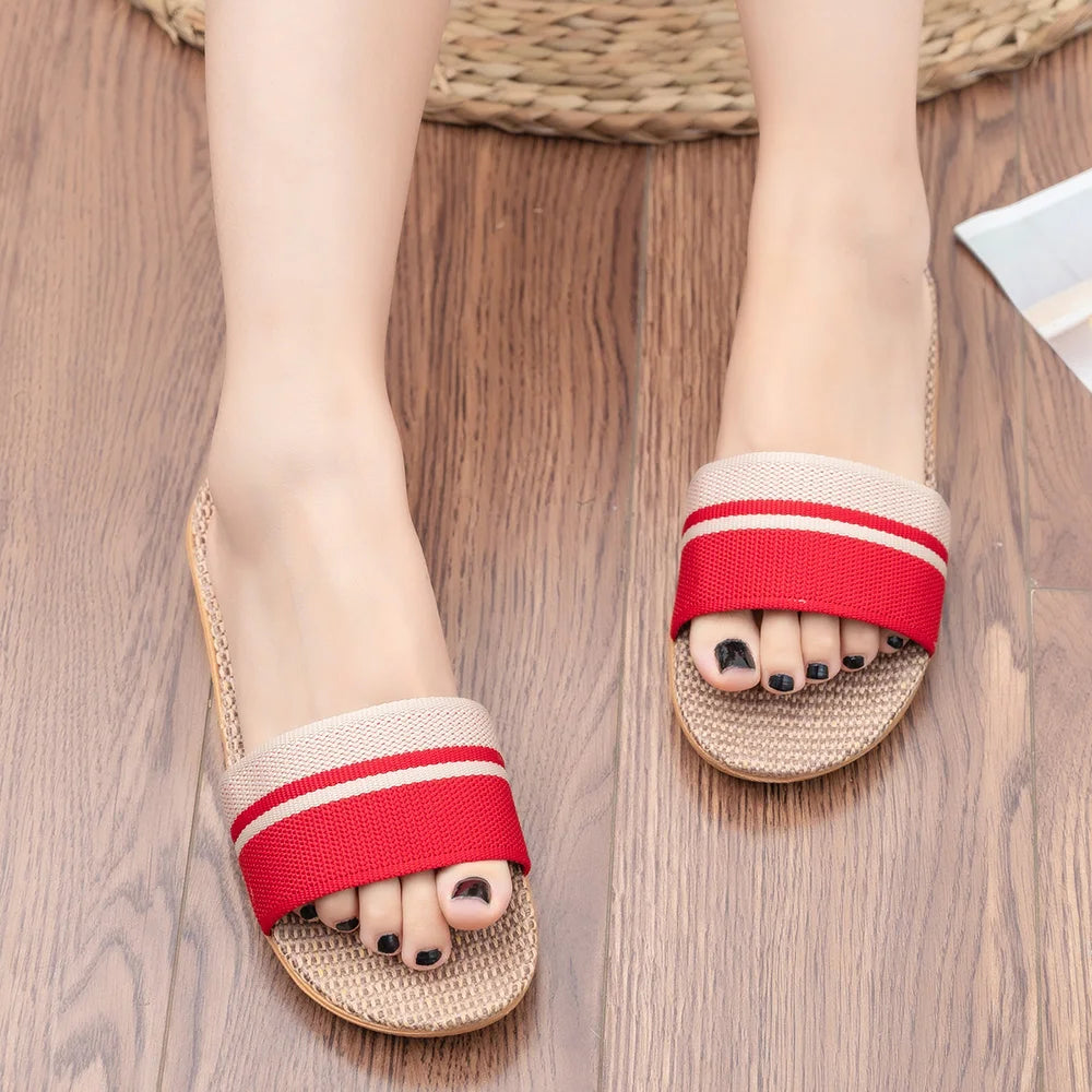 Women Linen Slippers Anti Slip Indoor Home Slides Lightweight Breathable Summer Flat Sandals