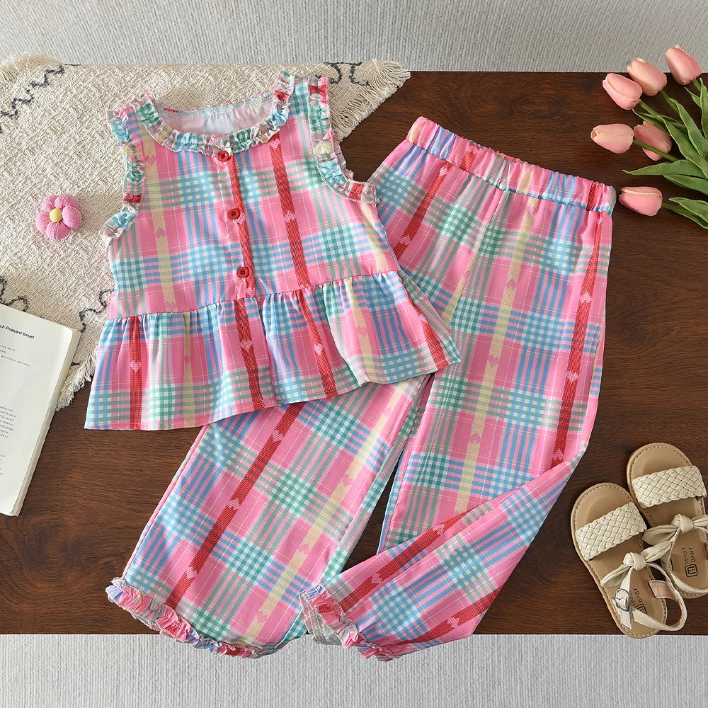 Girls Blue Denim Look Sleeveless Top and Wide Leg Pants Set