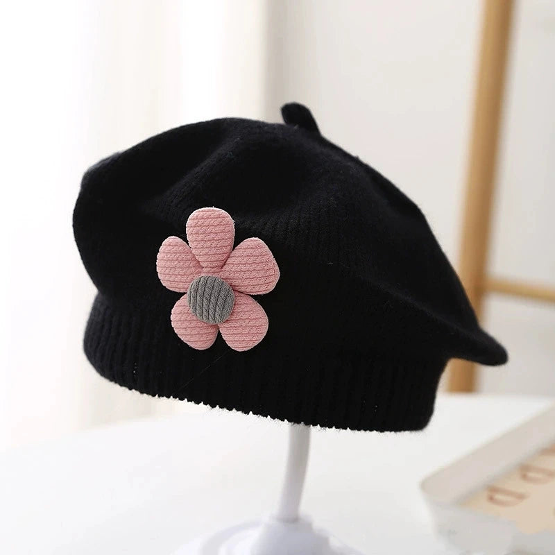 Baby Girl Flower Beret Warm Knit Beanie Hat