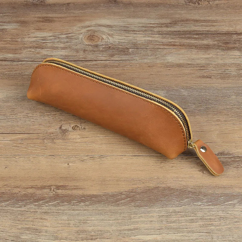 Vintage Leather Pencil Case Zipper Pouch Pen Holder Glasses Storage Bag
