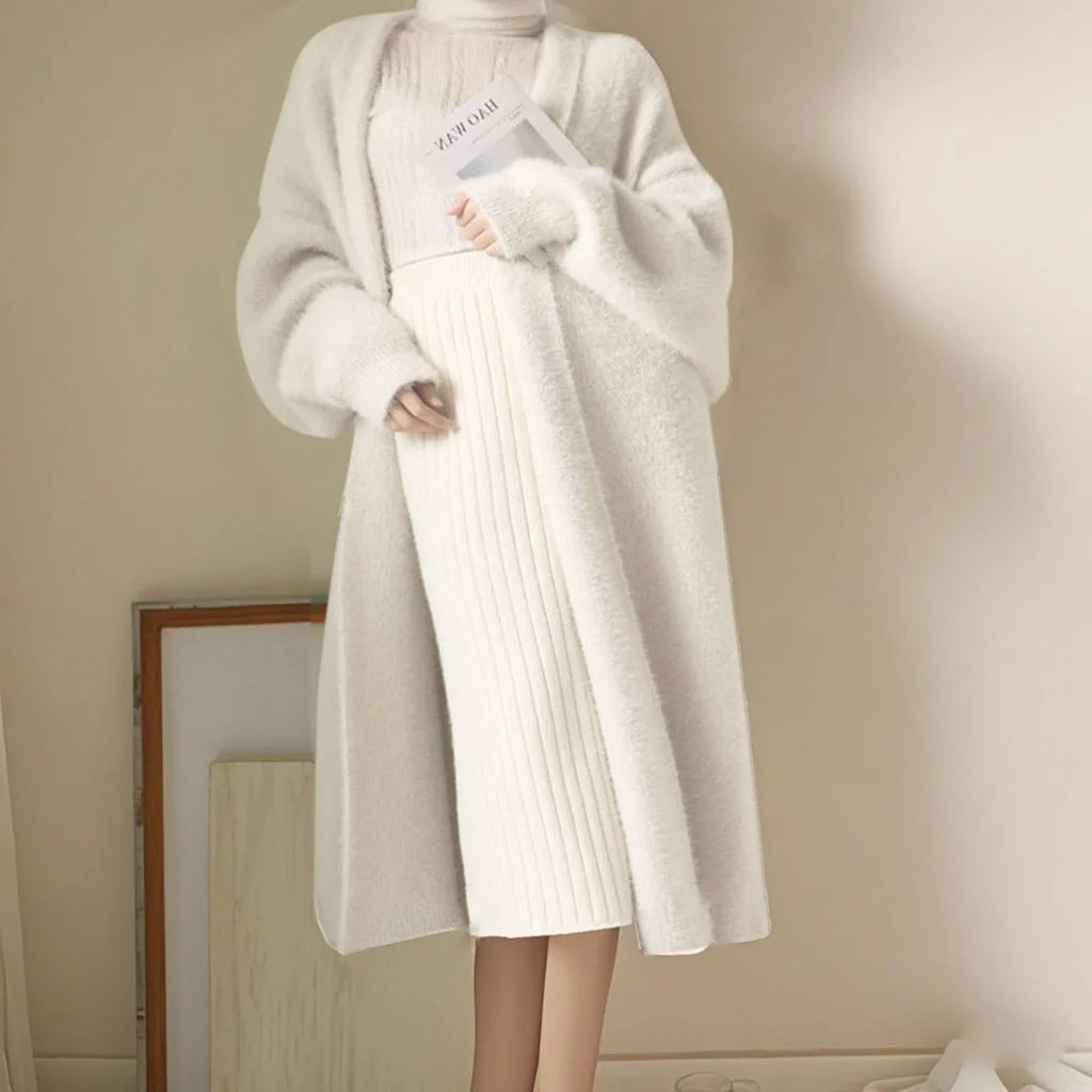Women White Long Knit Cardigan Fluffy Cashmere Style Winter Sweater Coat