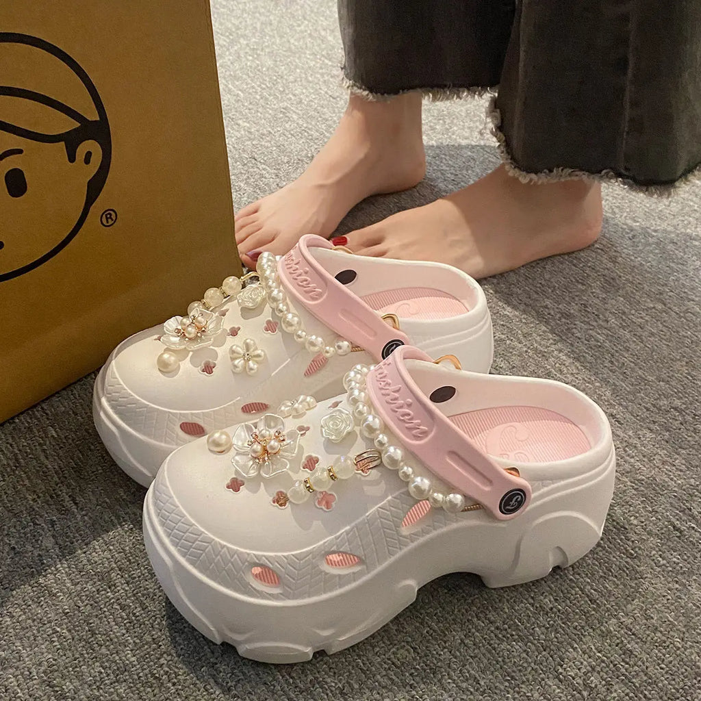 Women Pearl Chain Platform Sandals Thick Sole EVA Beach Garden Non Slip Clogs