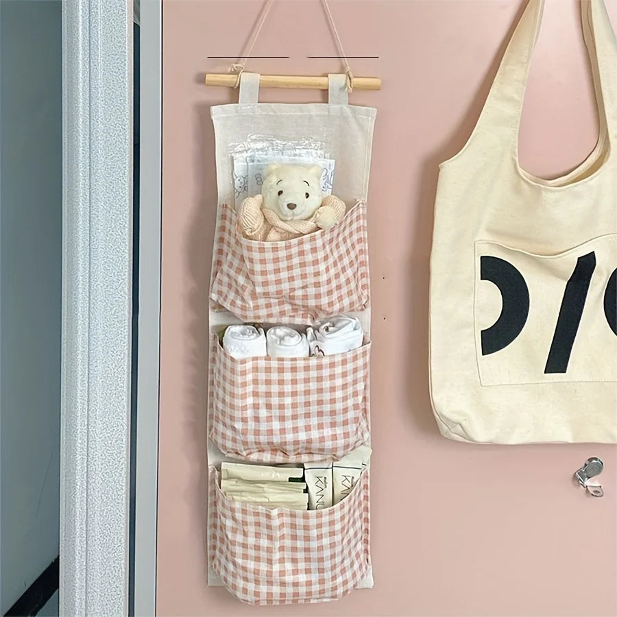 Wall Mounted Canvas Storage Bag Pink Bedroom Organizer for Books Jewelry Items