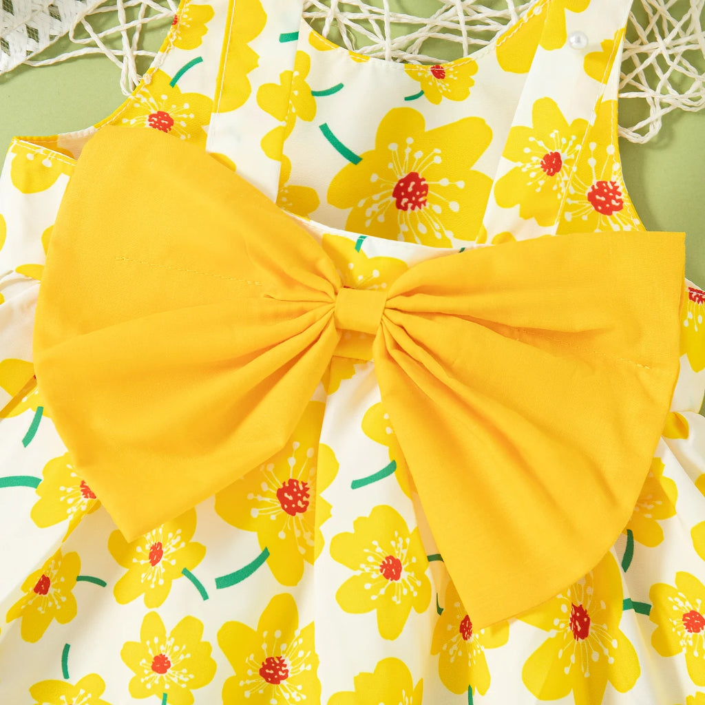 Baby Girl Floral Summer Dress Sleeveless Bow Outfit with Hat 0–2 Years