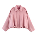 Women Bomber Jacket Vintage Turn Down Collar Loose Fit Coat Chic Outerwear