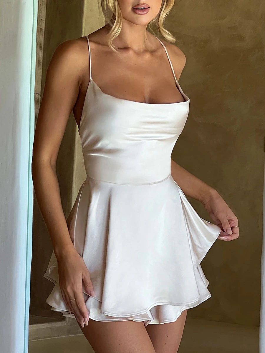 Women Satin Silk Cami Playsuit Cowl Neck Backless Sleeveless Summer Romper