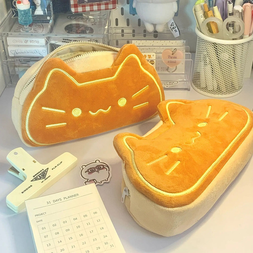 Caramel Cat Plush Pencil Case Large Capacity School Storage Pouch