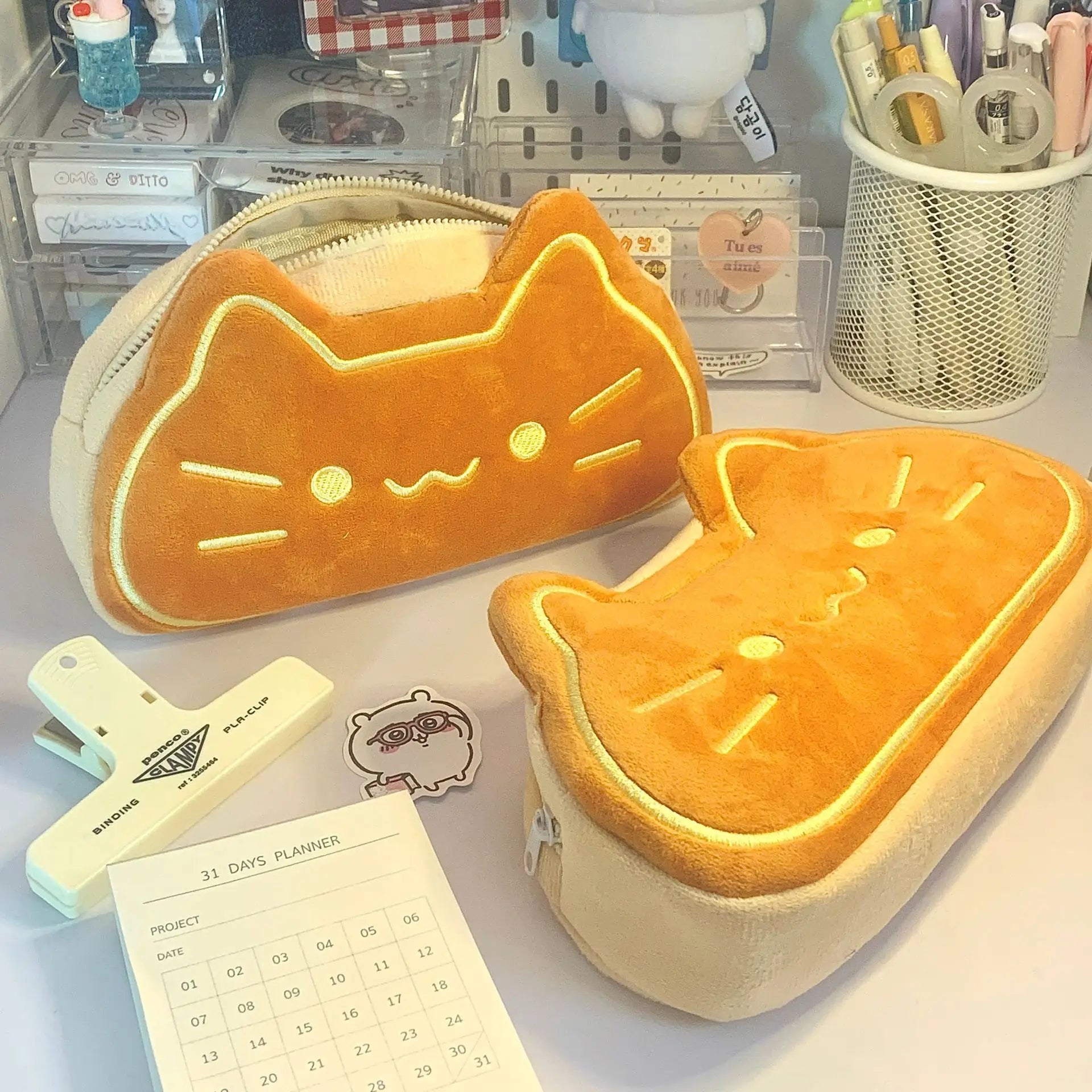 Caramel Cat Plush Pencil Case Large Capacity School Storage Pouch