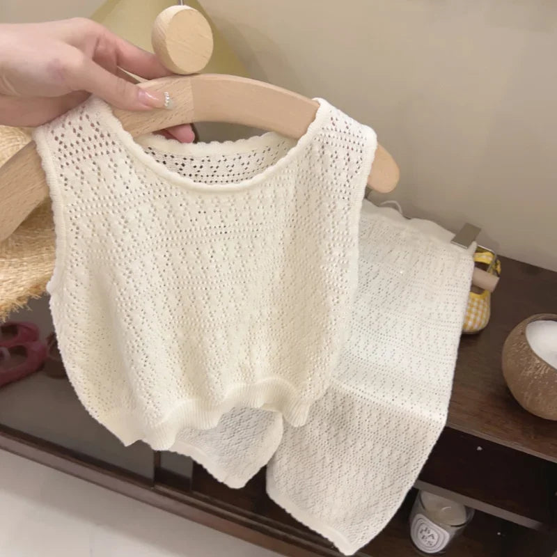 Girls Summer Knit Lace Vest and Wide Leg Pants Set