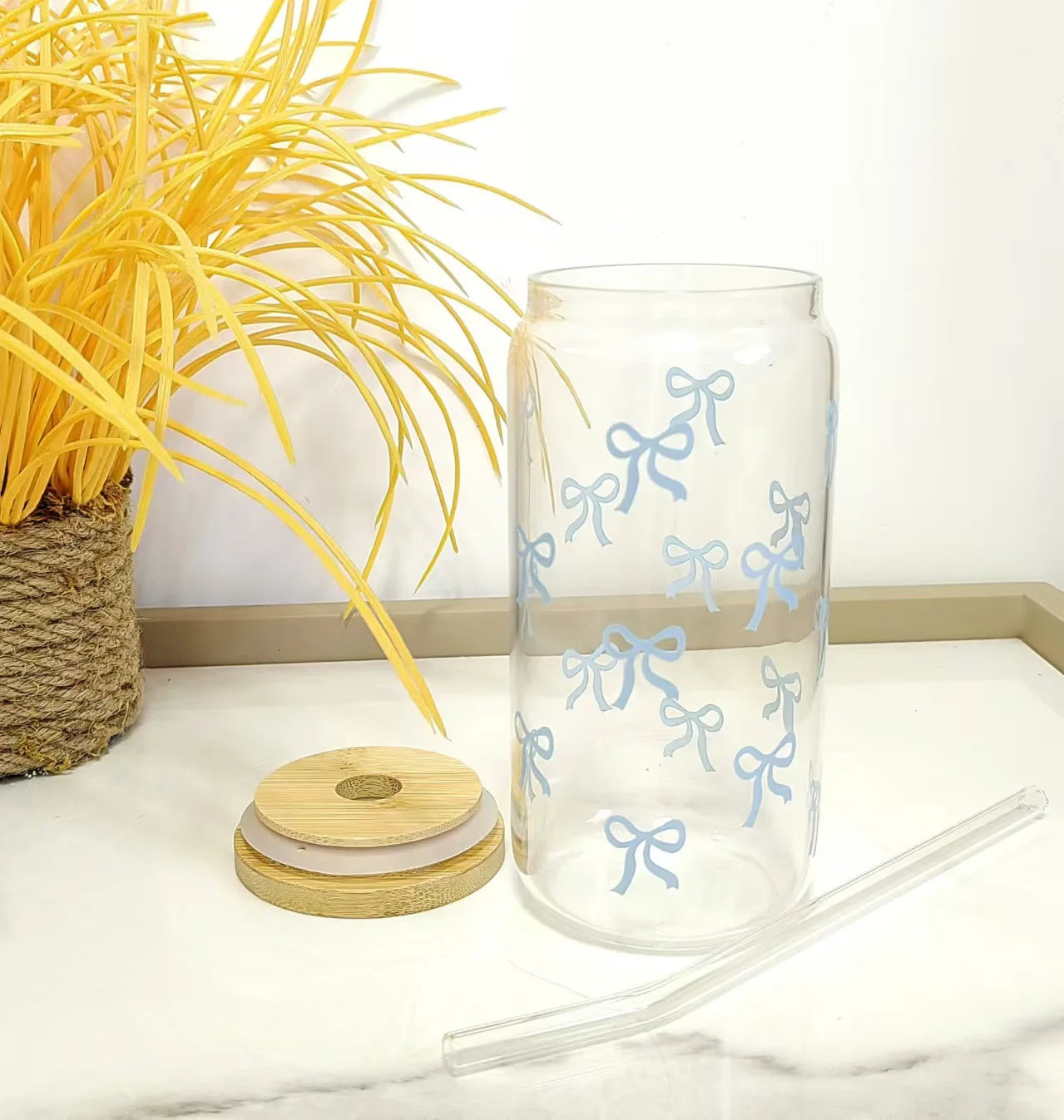500ml Cute Bow Glass Cup Mason Jar Tumbler With Lid Straw Iced Coffee Juice Bottle