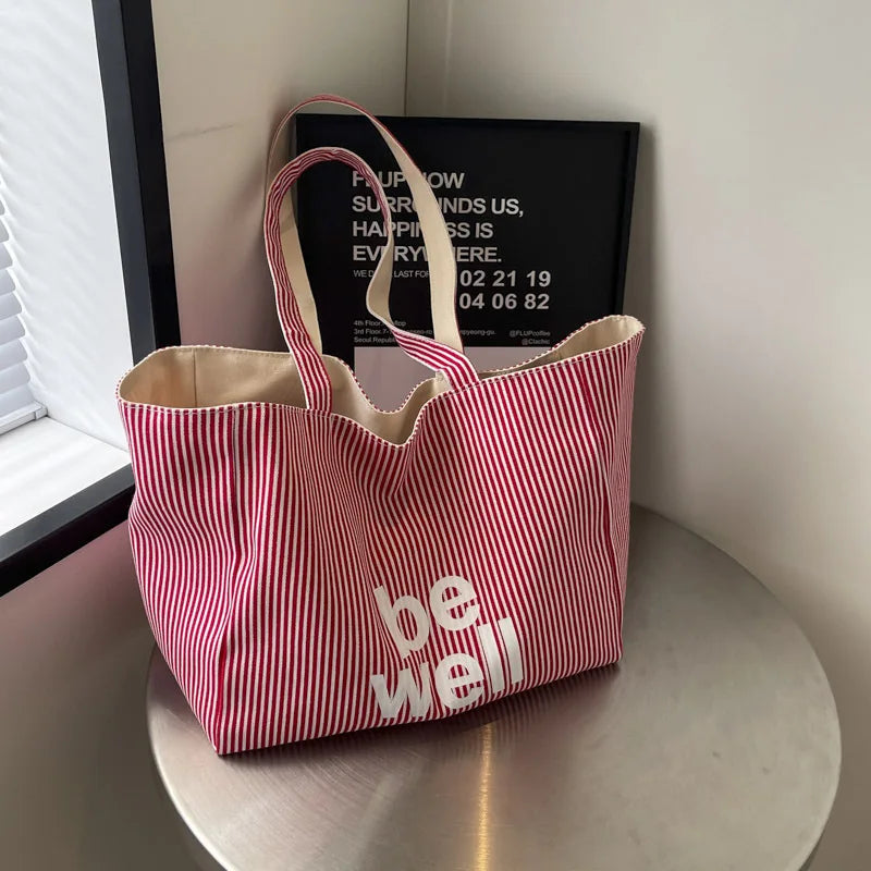 Women Striped Canvas Tote Bag Large Capacity Shoulder Bag