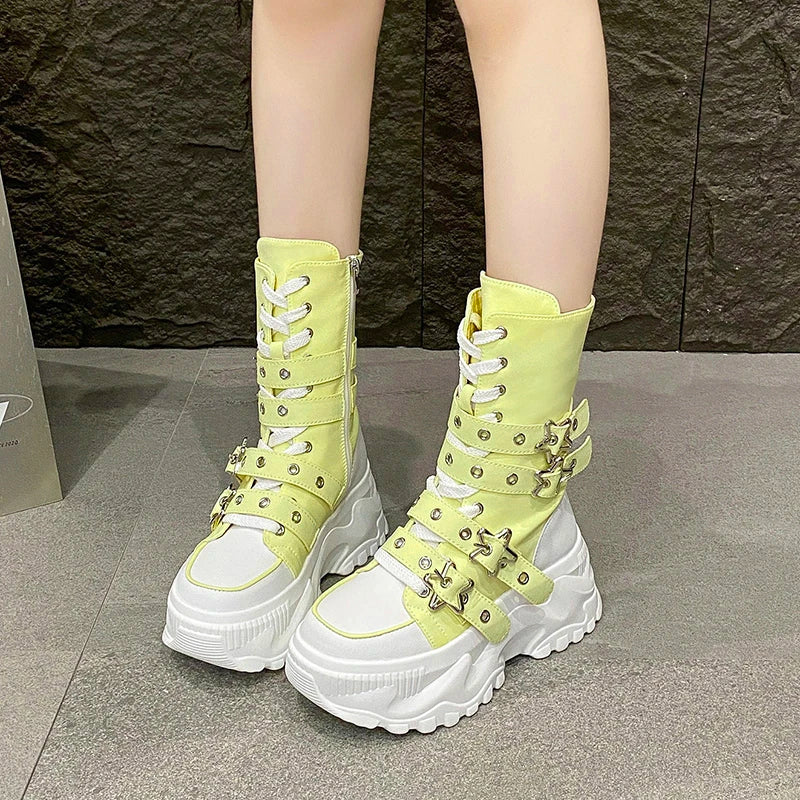 Women Round Toe Lace Up Platform Mid Calf Boots Non Slip Autumn Winter