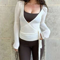 Women’s Cross Wrap Tie Crop Top Long Sleeve Deep V Yoga Shirt