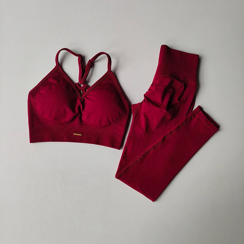 Seamless V Neck Yoga Set Women Sports Bra High Waist Leggings Hip Lift Fitness Outfit