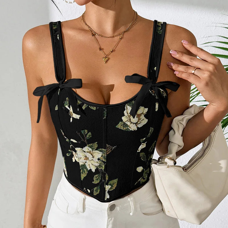 Women’s Floral Corset Bra Top French Style Double Strap Retro Vest