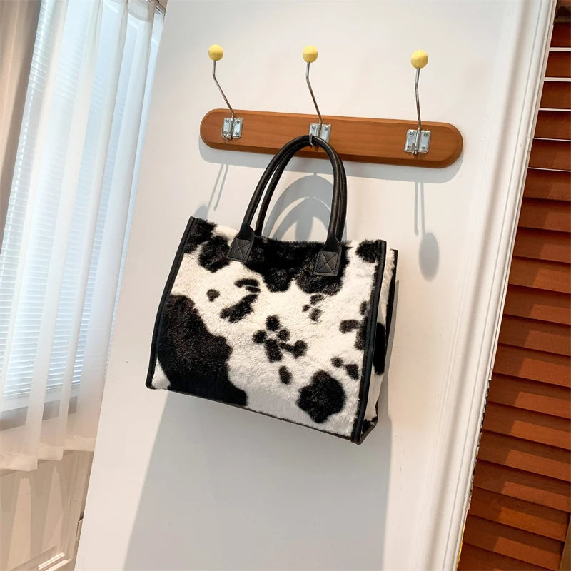 Leopard Faux Fur Tote Bag Soft Plush Shoulder Handbag